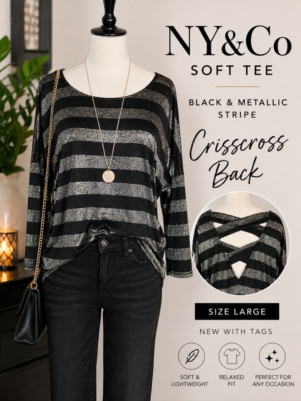 New York & Company SOHO Soft Tee Large Black Metallic Stripe Criss-Cross Back